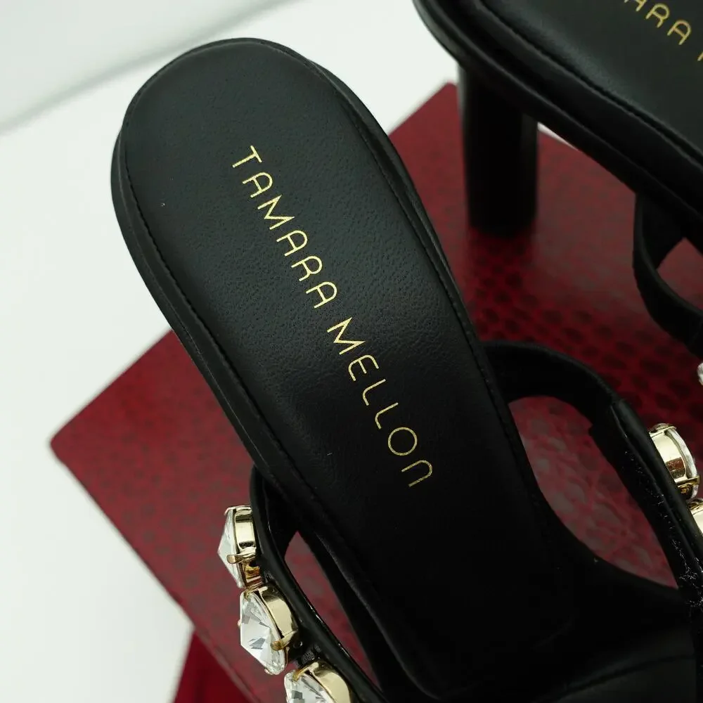 Tamara Mellon Pillow Top Black Crystal Strappy Stiletto Mules - Size 38
